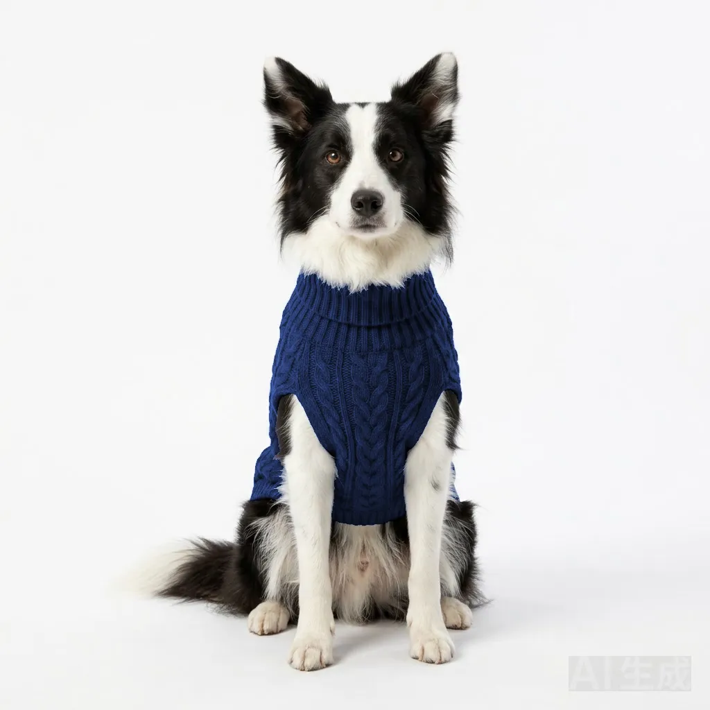 Navy Dog Cable Turtleneck Knit worn by a dog — fit reference