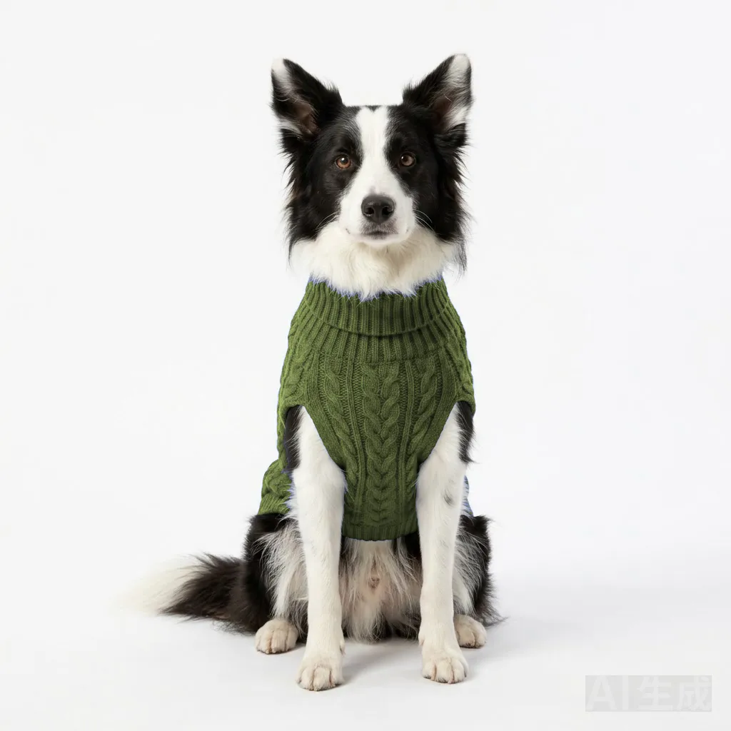 Olive Dog Cable Turtleneck Knit worn by a dog — fit reference