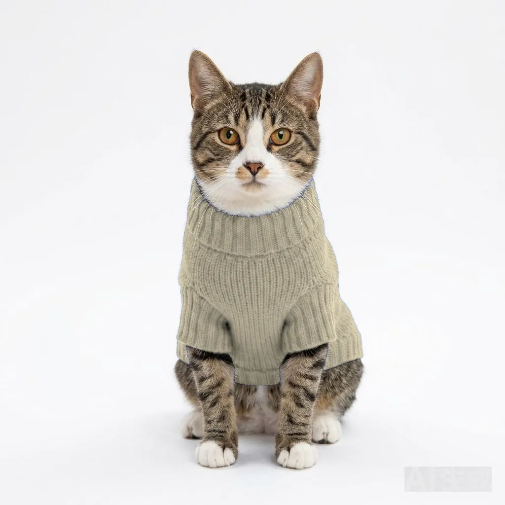 Cream Cat Knit Sweater worn by a dog — fit reference
