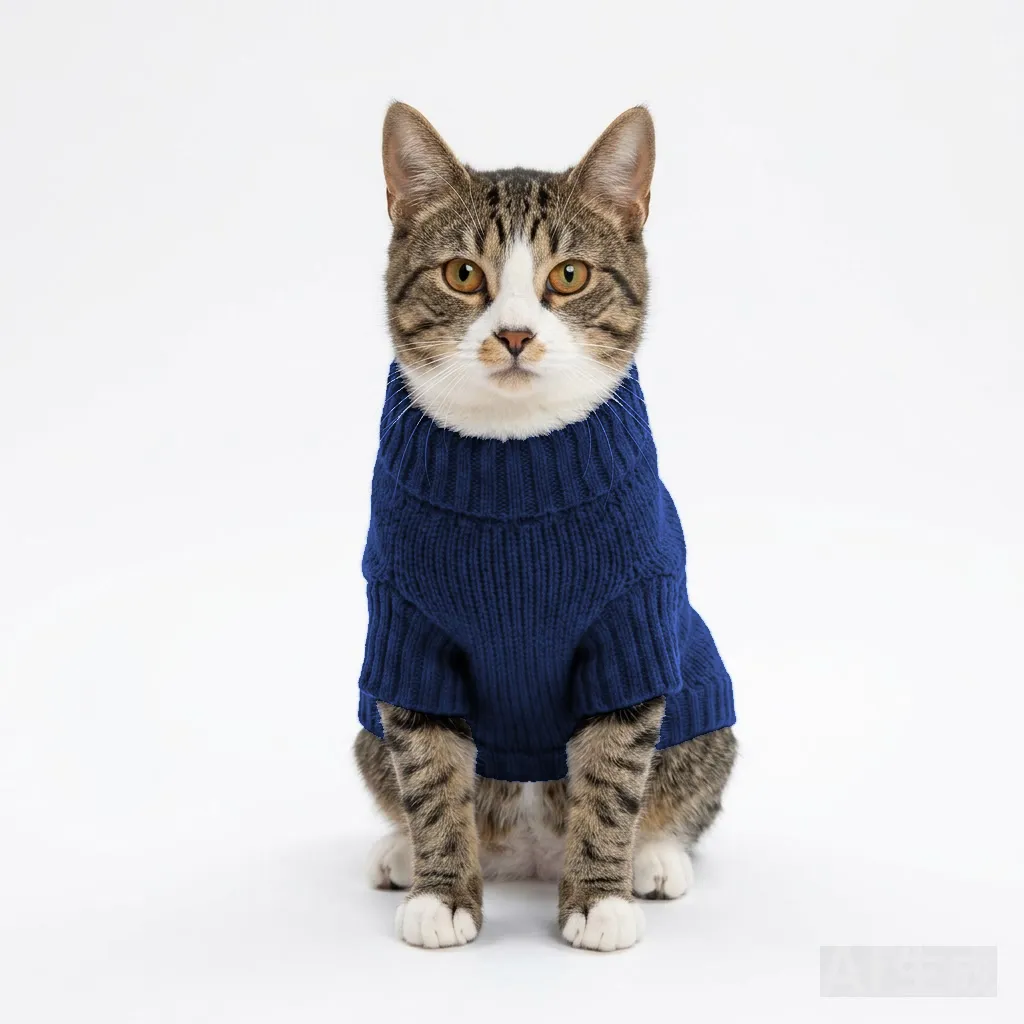 Navy Cat Knit Sweater worn by a dog — fit reference