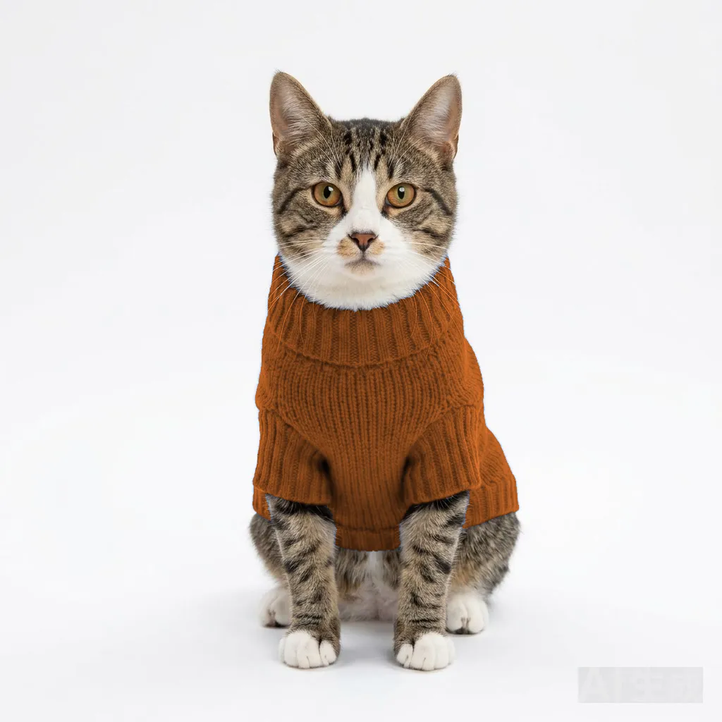 Orange Cat Knit Sweater worn by a dog — fit reference