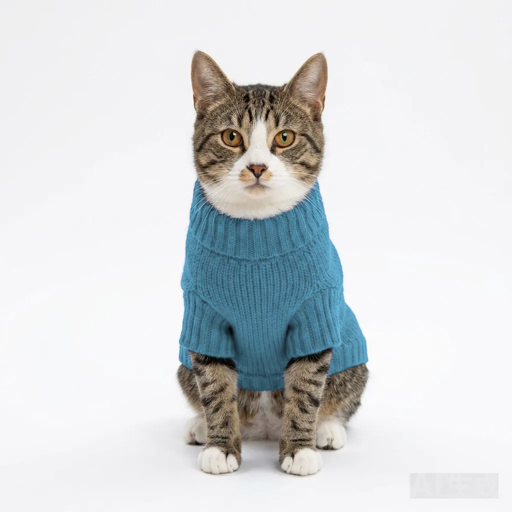 Sky Blue Cat Knit Sweater worn by a dog — fit reference