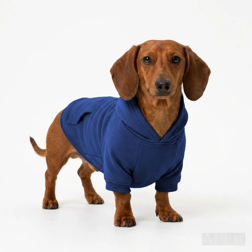 Navy Dog Cotton Hoodie worn by a dog — fit reference
