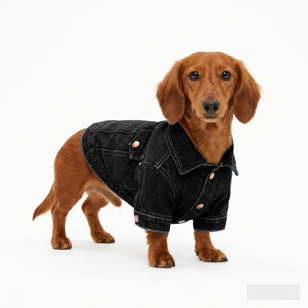Black Dog Denim Trucker Jacket worn by a dog — fit reference