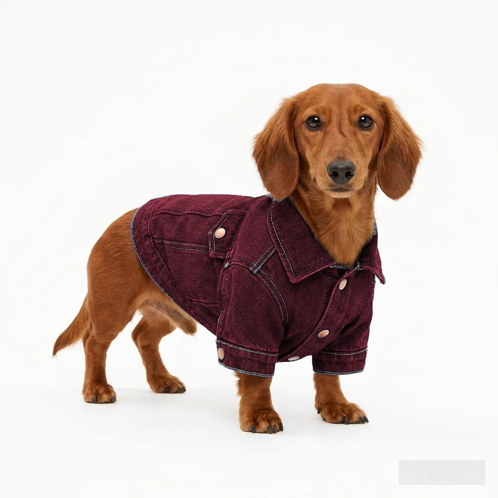 Burgundy Dog Denim Trucker Jacket worn by a dog — fit reference