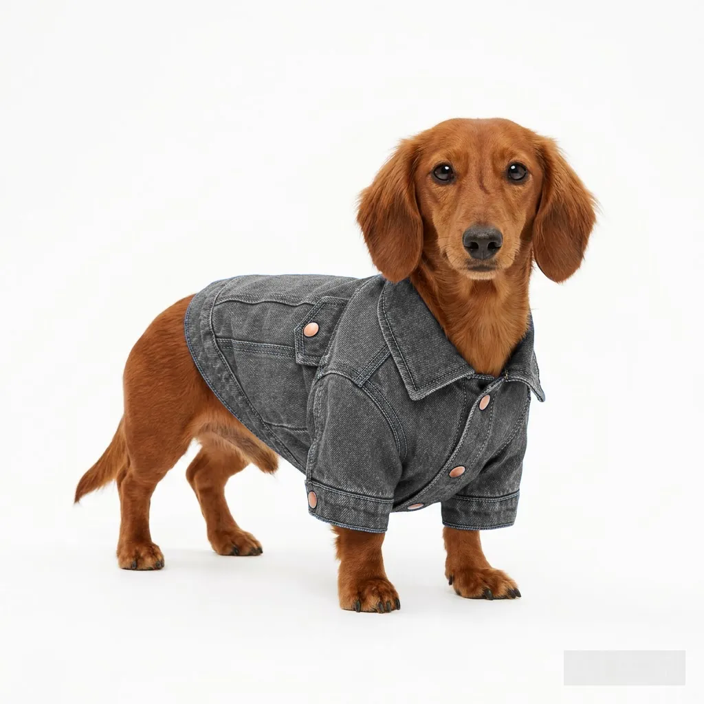 Charcoal Grey Dog Denim Trucker Jacket worn by a dog — fit reference