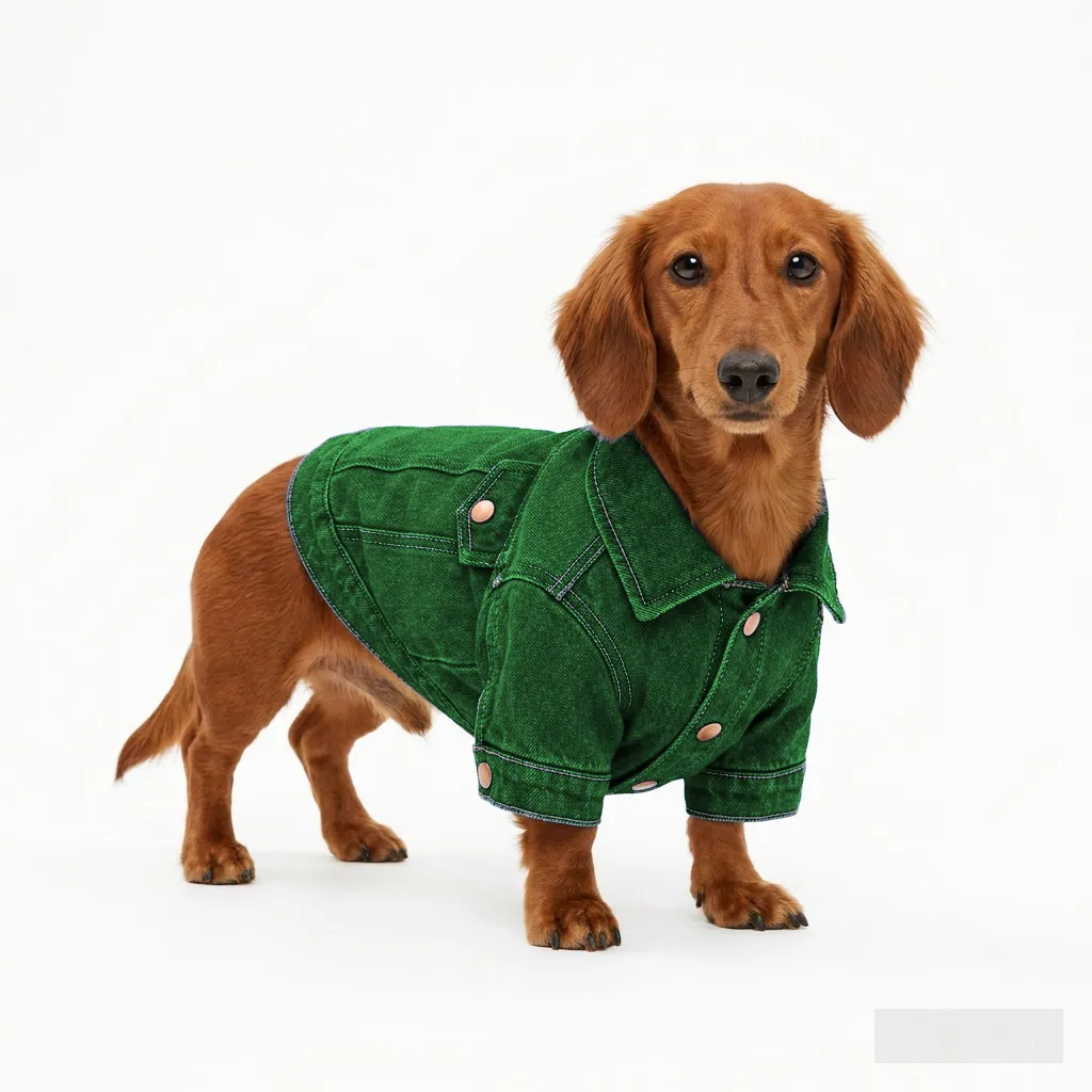 Forest Green Dog Denim Trucker Jacket worn by a dog — fit reference
