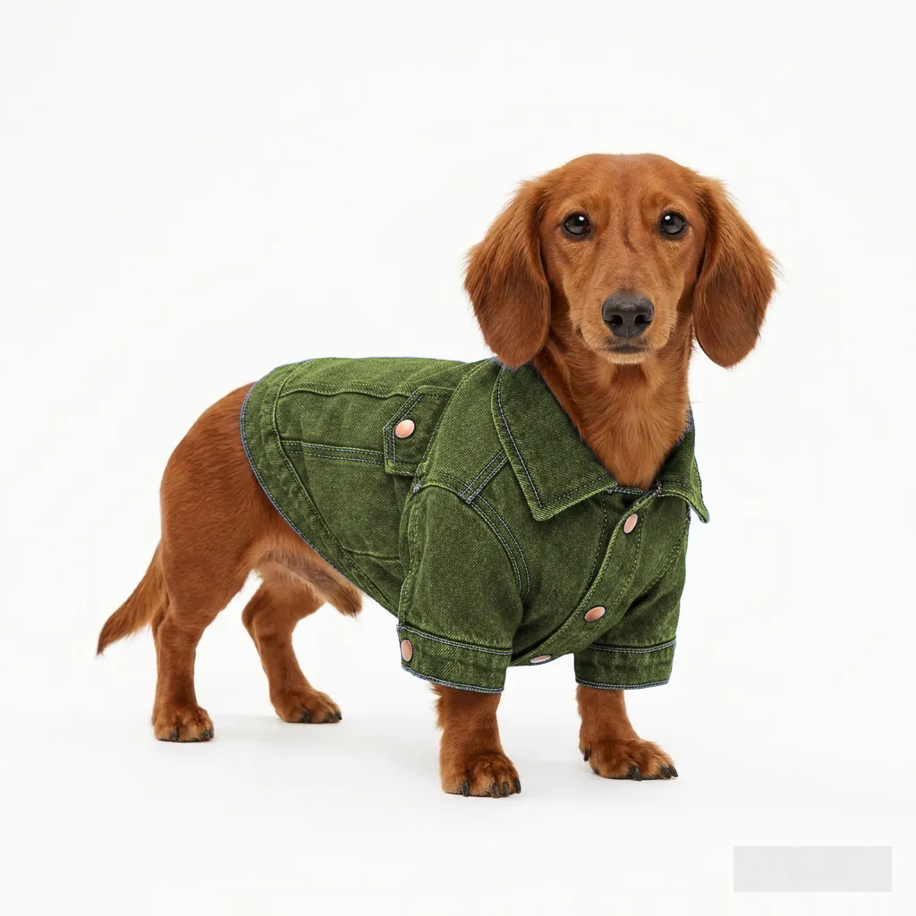 Olive Dog Denim Trucker Jacket worn by a dog — fit reference