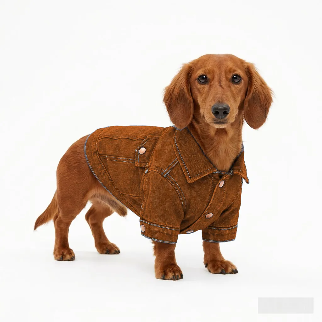 Orange Dog Denim Trucker Jacket worn by a dog — fit reference