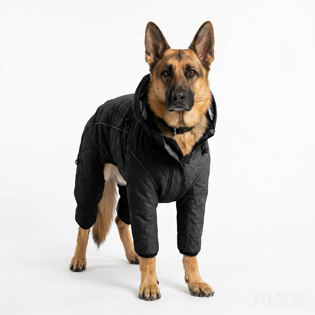 Black Dog Four-Leg Winter Parka worn by a dog — fit reference