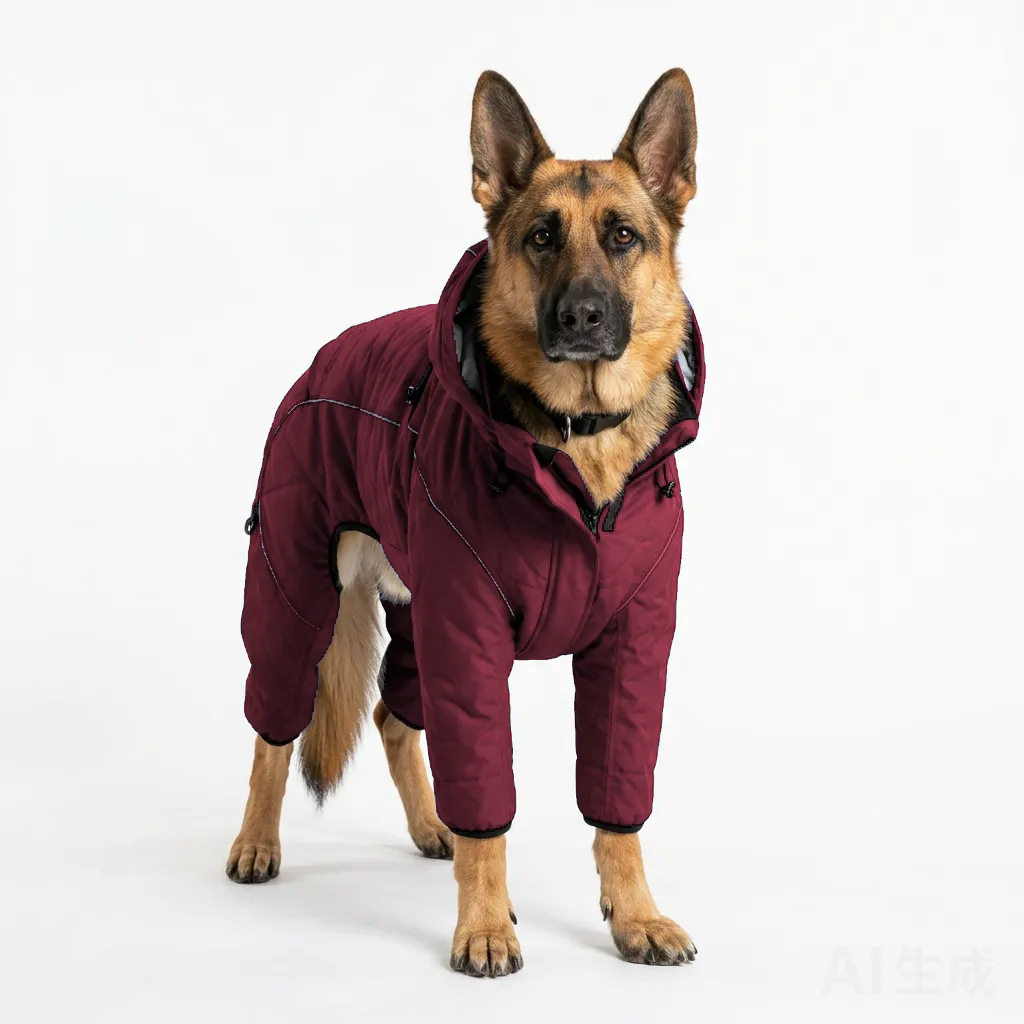 Burgundy Dog Four-Leg Winter Parka worn by a dog — fit reference