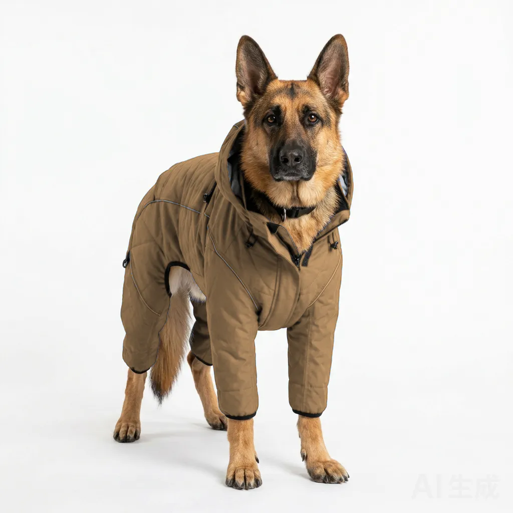 Camel Dog Four-Leg Winter Parka worn by a dog — fit reference