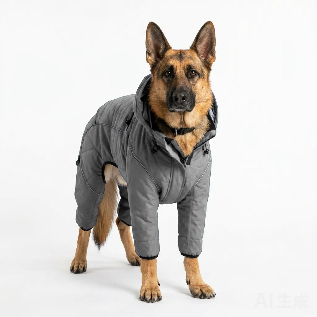 Charcoal Grey Dog Four-Leg Winter Parka worn by a dog — fit reference