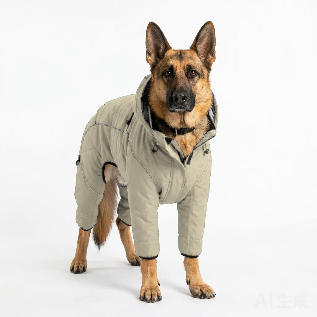 Cream Dog Four-Leg Winter Parka worn by a dog — fit reference
