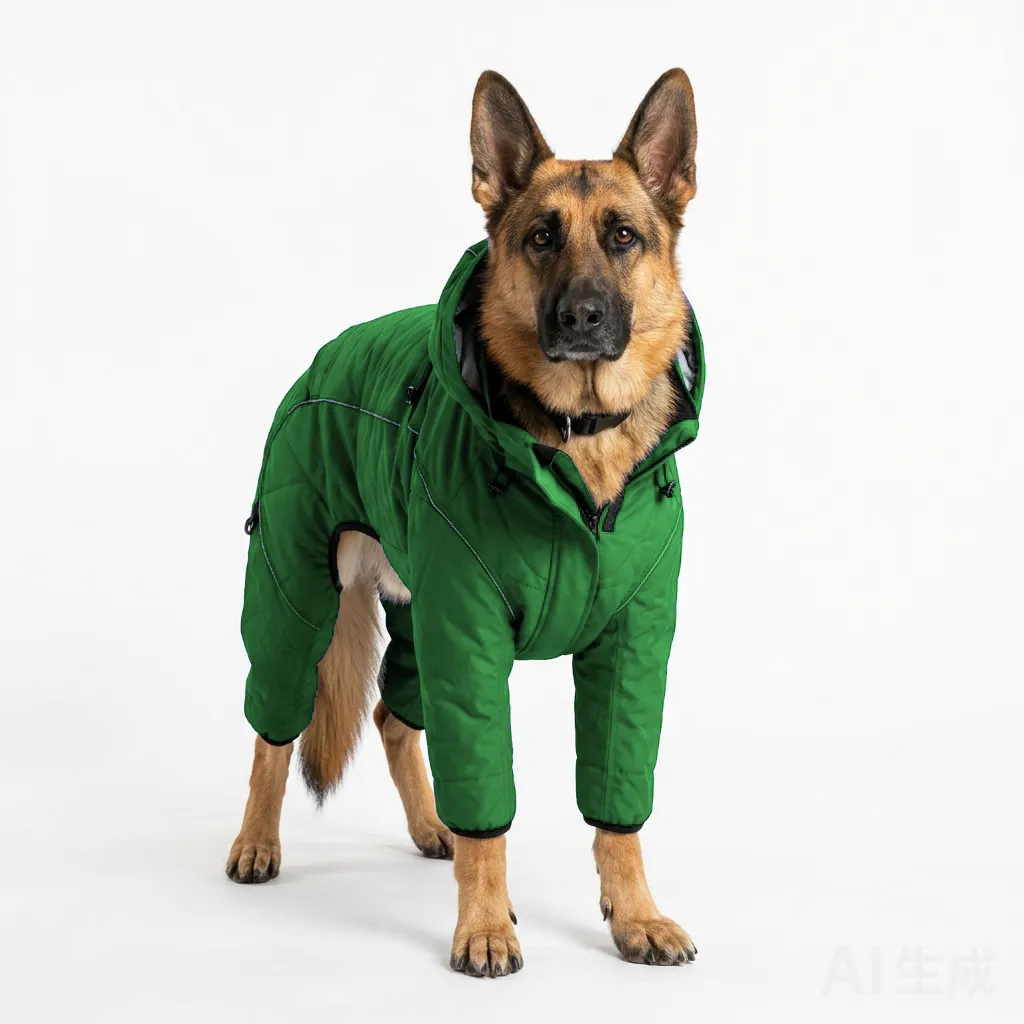 Forest Green Dog Four-Leg Winter Parka worn by a dog — fit reference