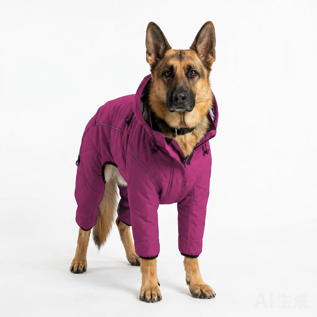 Hot Pink Dog Four-Leg Winter Parka worn by a dog — fit reference