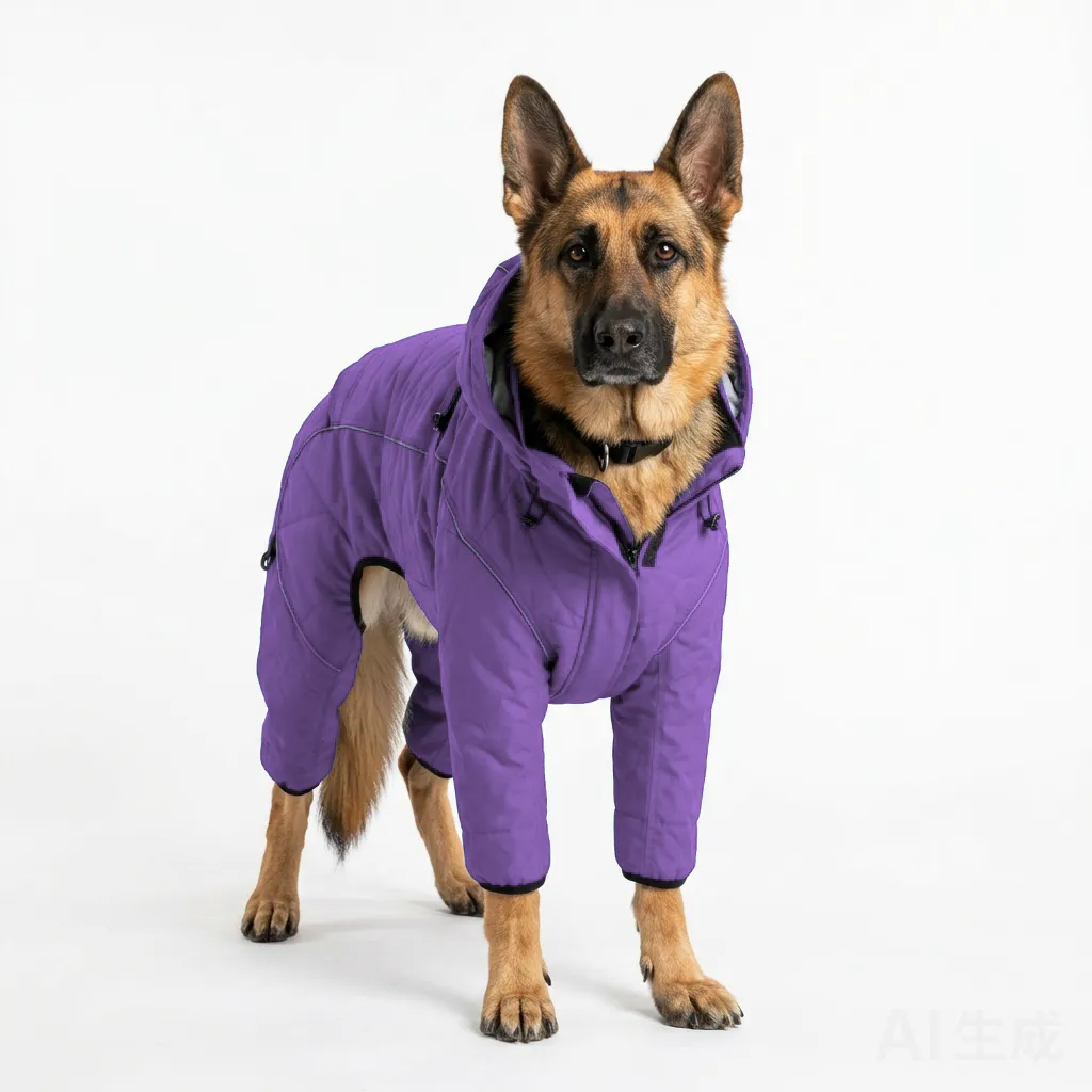 Lavender Dog Four-Leg Winter Parka worn by a dog — fit reference
