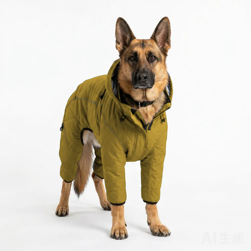 Mustard Dog Four-Leg Winter Parka worn by a dog — fit reference