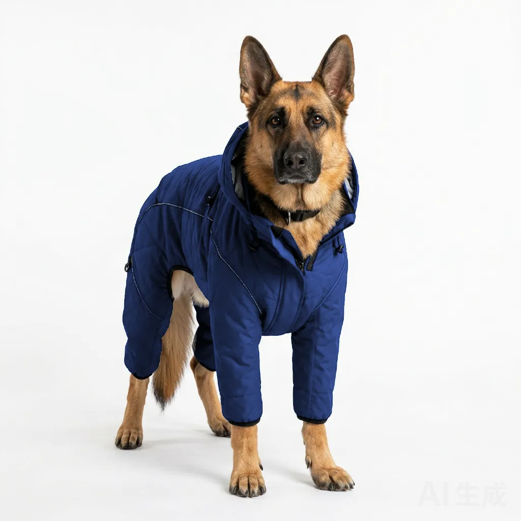 Navy Dog Four-Leg Winter Parka worn by a dog — fit reference