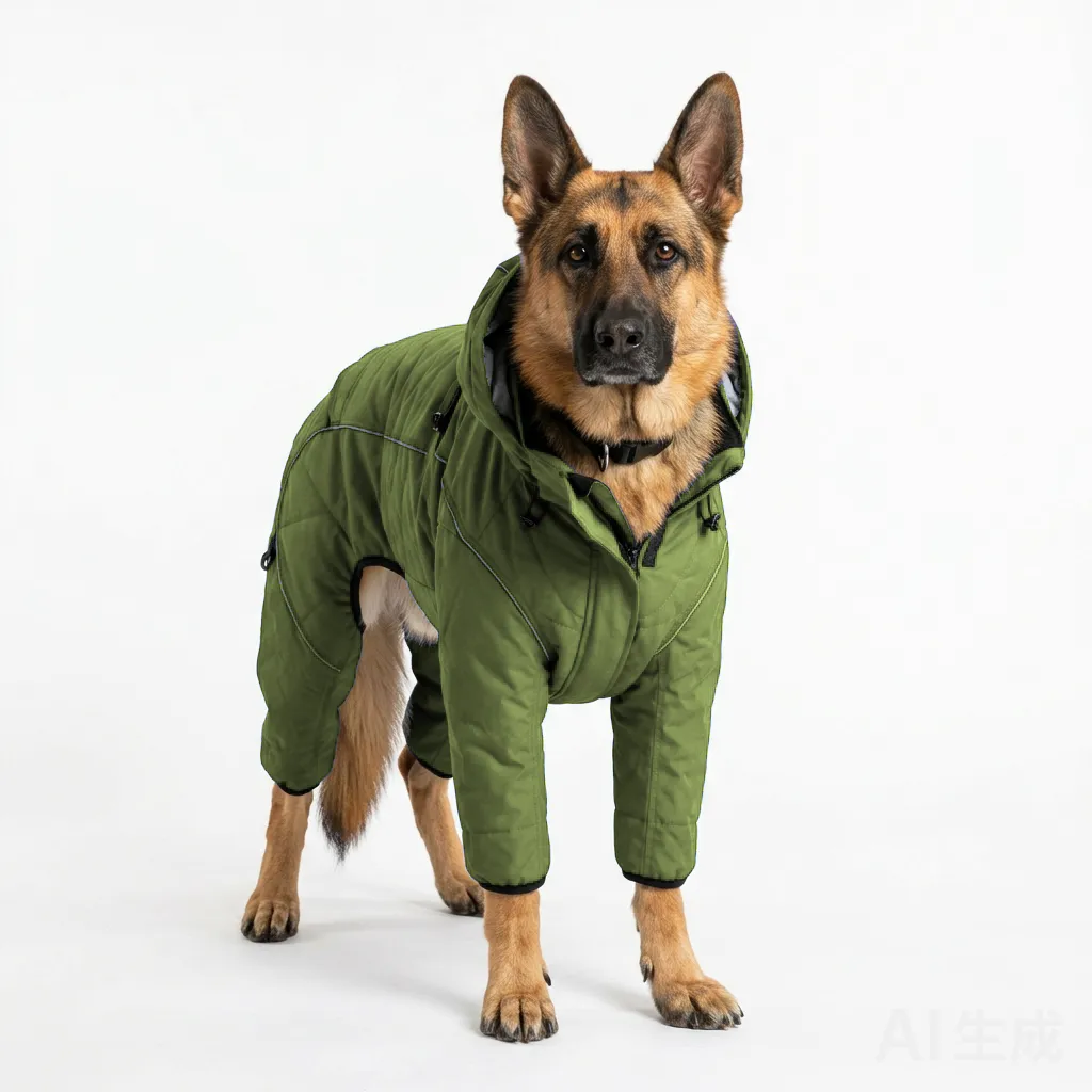 Olive Dog Four-Leg Winter Parka worn by a dog — fit reference