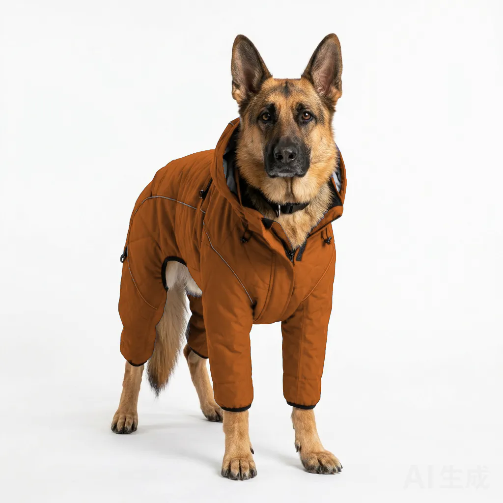 Orange Dog Four-Leg Winter Parka worn by a dog — fit reference