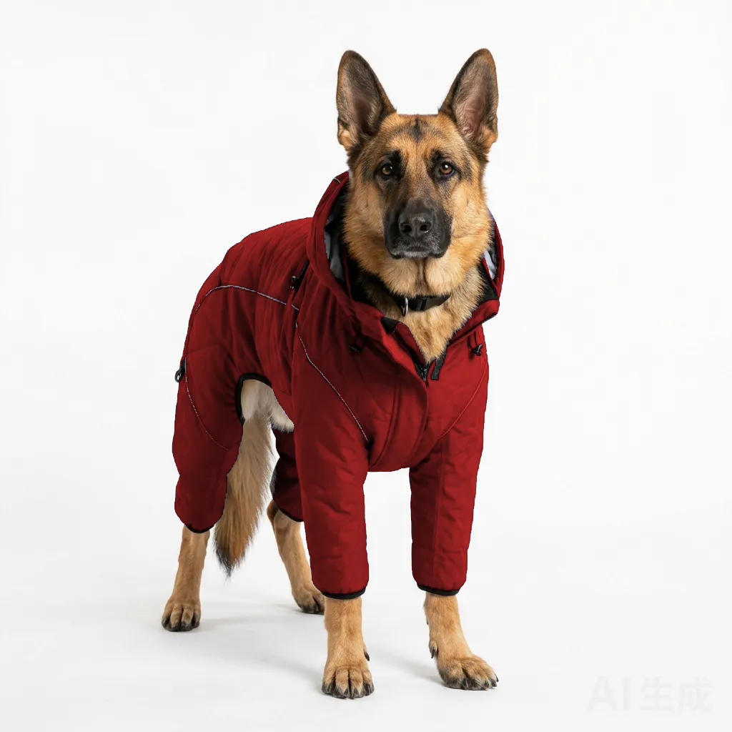 Red Dog Four-Leg Winter Parka worn by a dog — fit reference