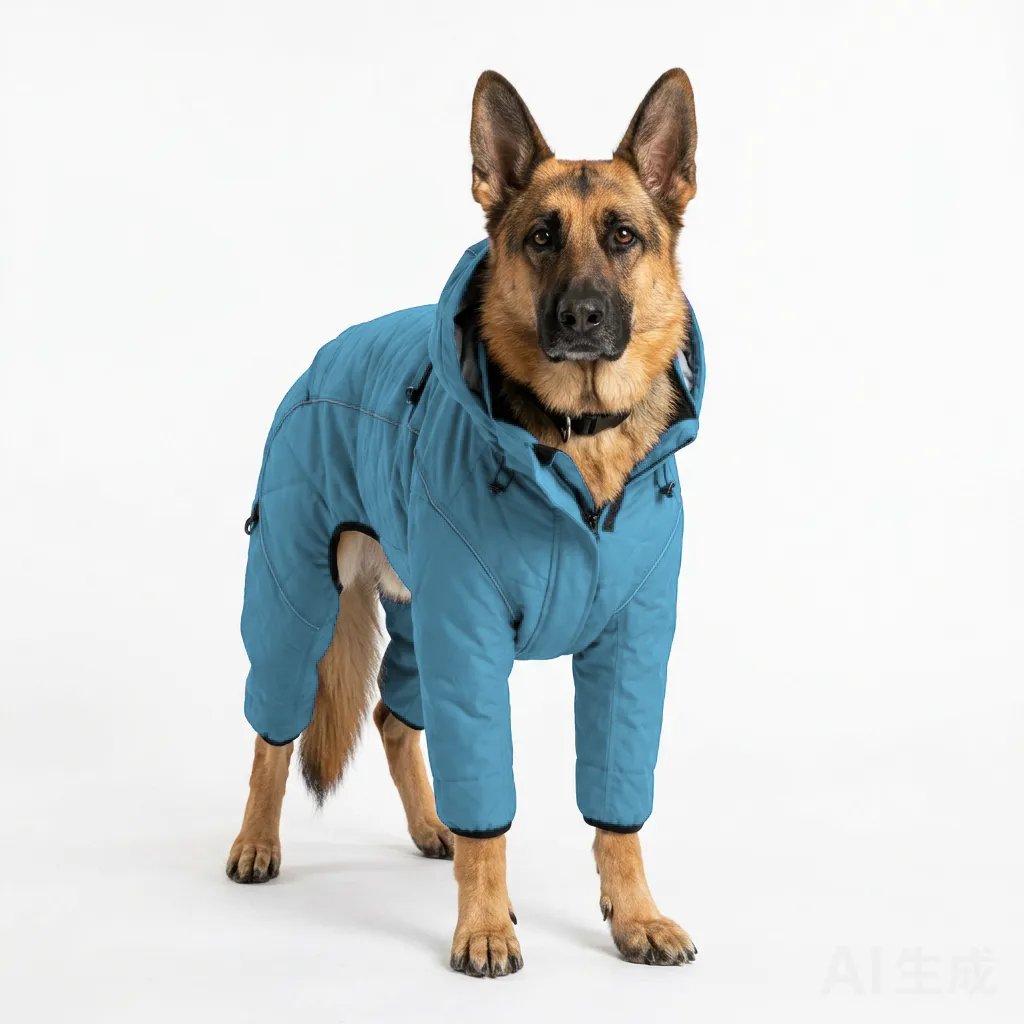 Sky Blue Dog Four-Leg Winter Parka worn by a dog — fit reference
