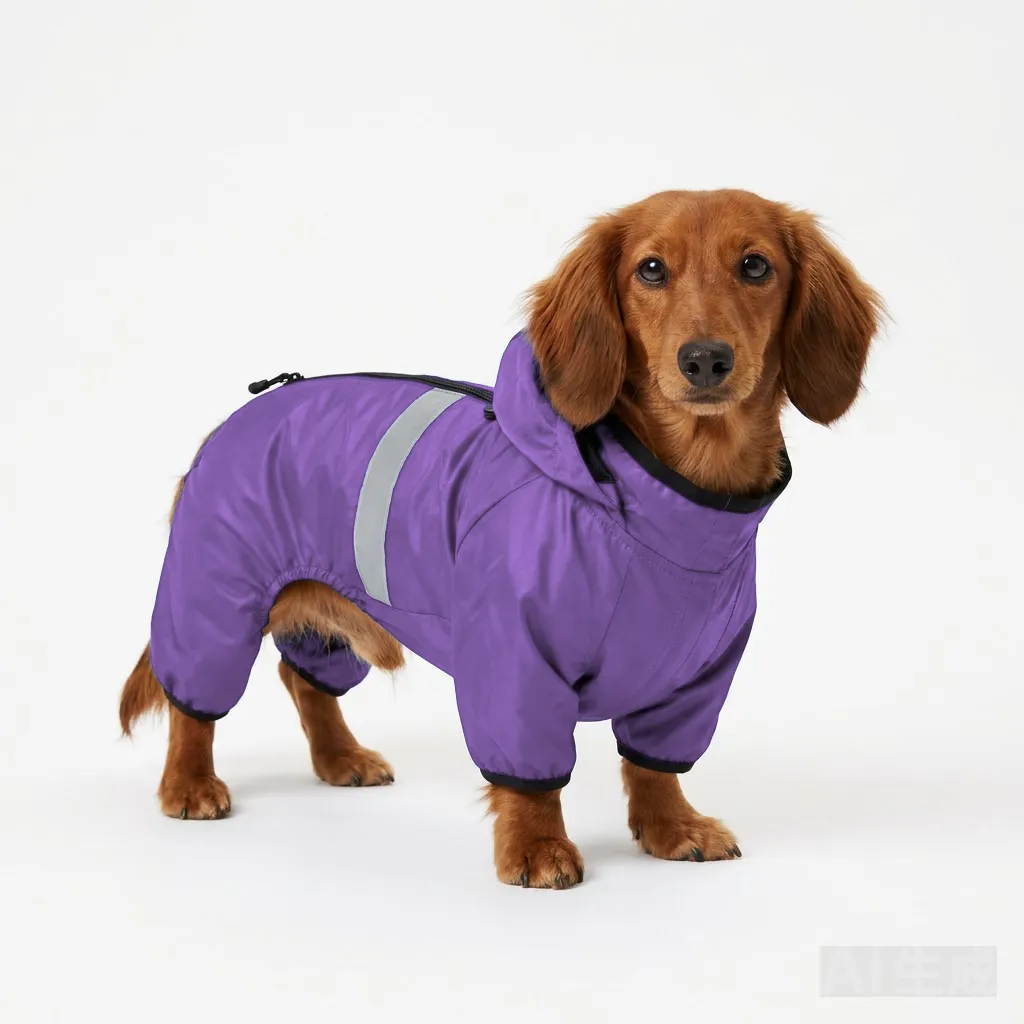 Lavender Dog Four-Leg Waterproof Raincoat worn by a dog — fit reference