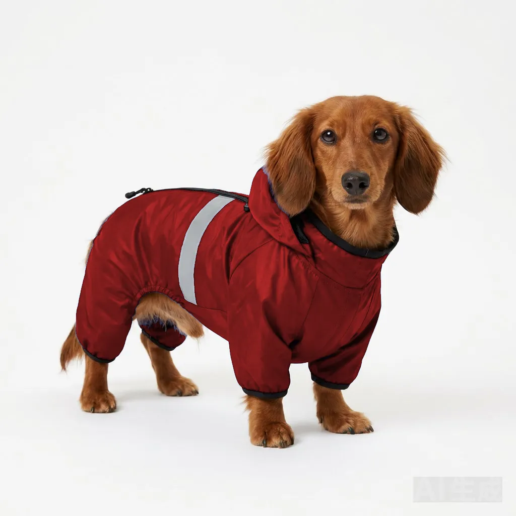 Red Dog Four-Leg Waterproof Raincoat worn by a dog — fit reference