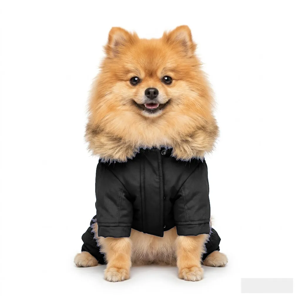 Black Dog Fur-Collar Quilted Coat worn by a dog — fit reference