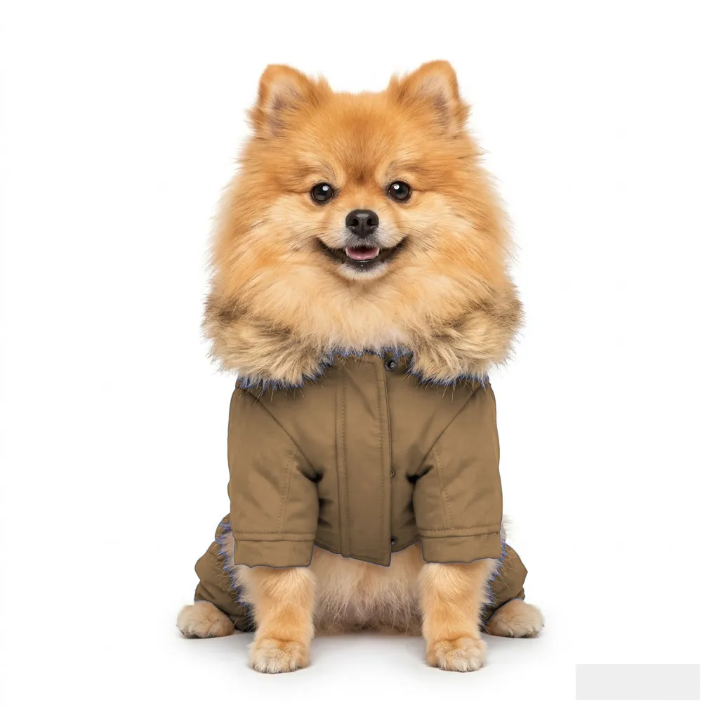 Camel Dog Fur-Collar Quilted Coat worn by a dog — fit reference