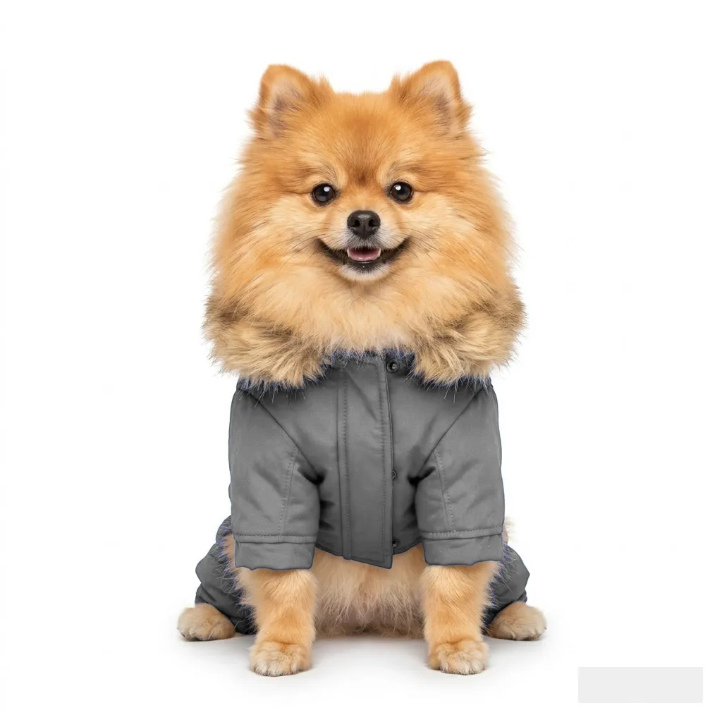 Charcoal Grey Dog Fur-Collar Quilted Coat worn by a dog — fit reference