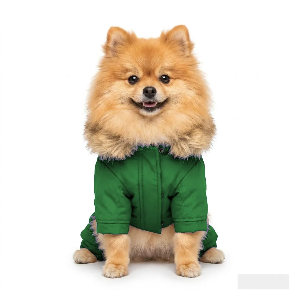 Forest Green Dog Fur-Collar Quilted Coat worn by a dog — fit reference