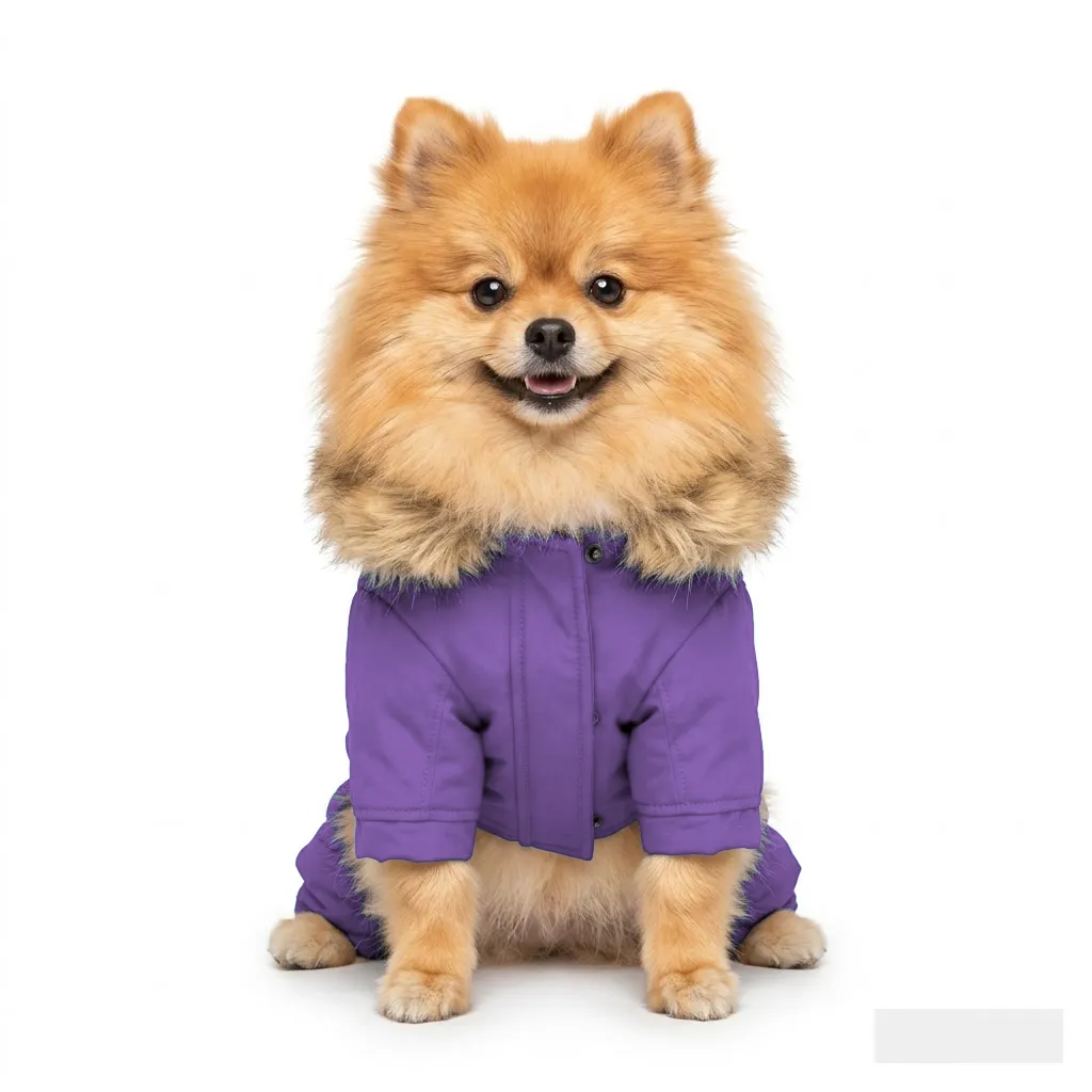 Lavender Dog Fur-Collar Quilted Coat worn by a dog — fit reference