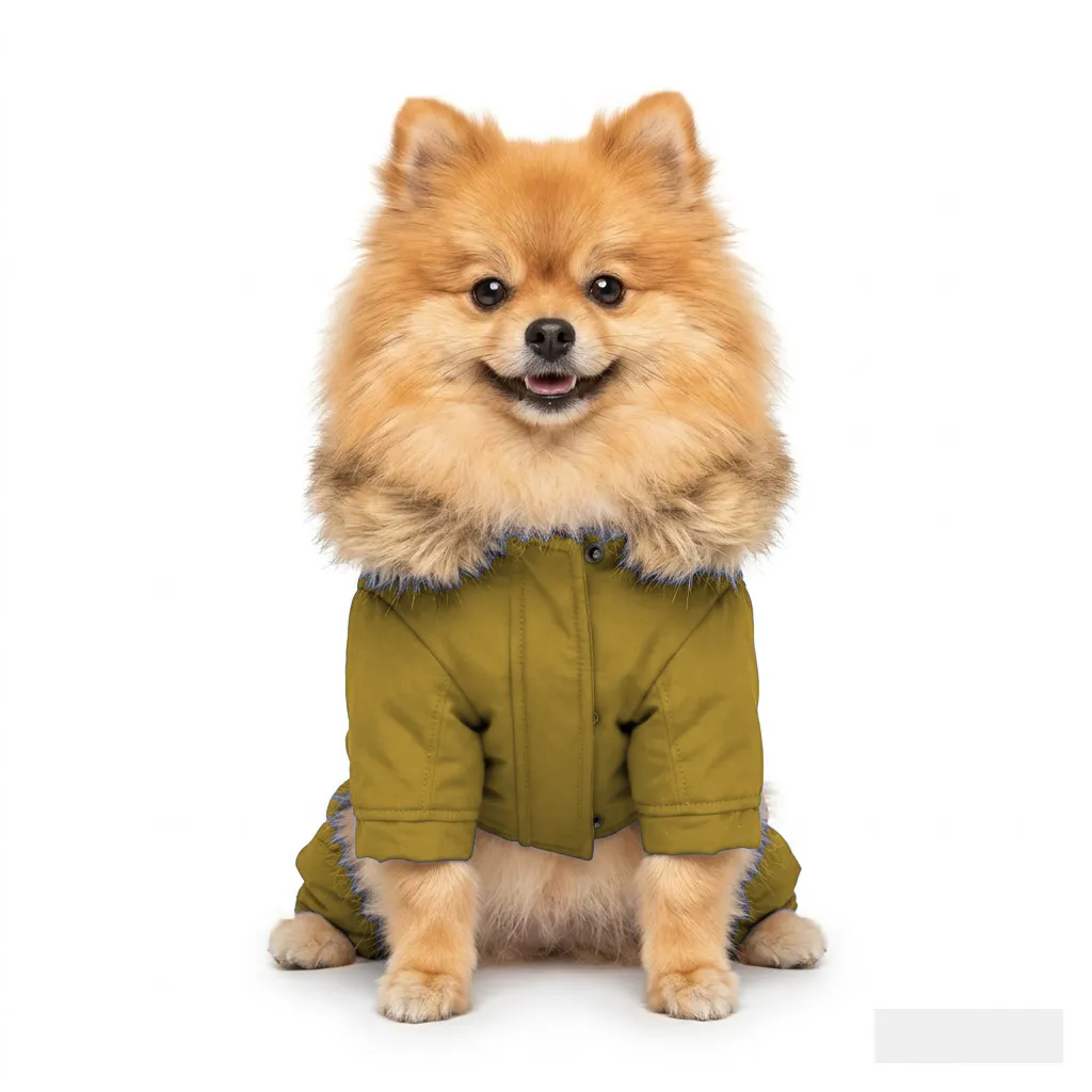 Mustard Dog Fur-Collar Quilted Coat worn by a dog — fit reference