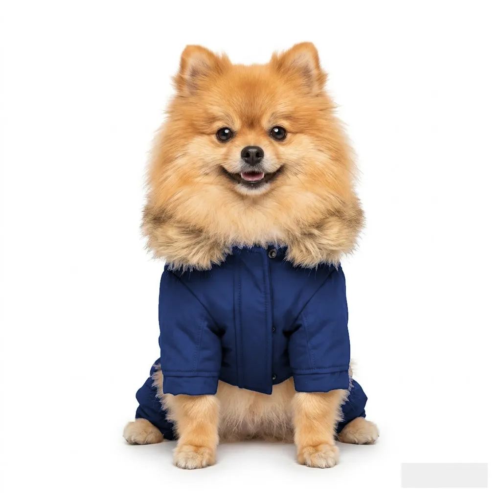 Navy Dog Fur-Collar Quilted Coat worn by a dog — fit reference
