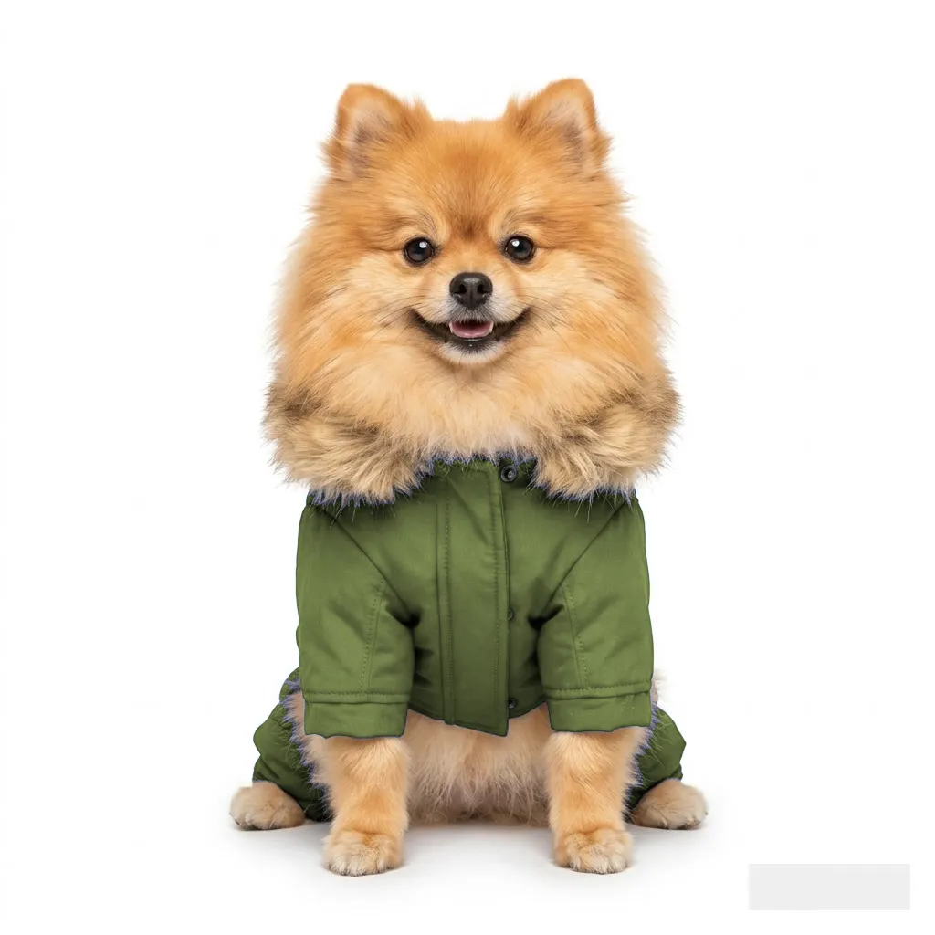 Olive Dog Fur-Collar Quilted Coat worn by a dog — fit reference