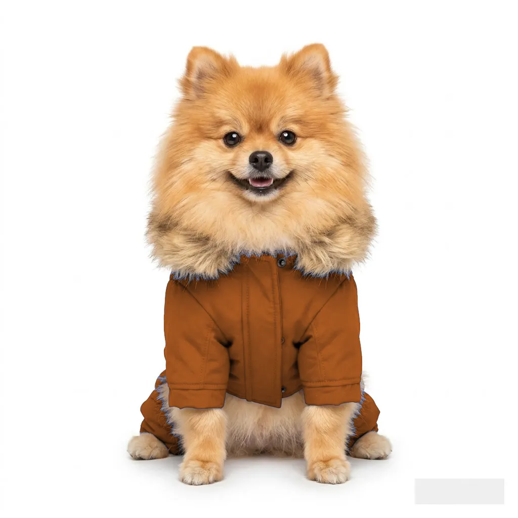 Orange Dog Fur-Collar Quilted Coat worn by a dog — fit reference