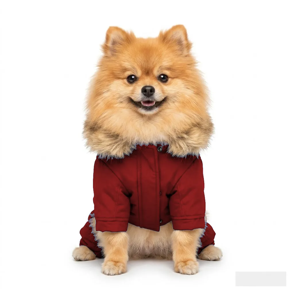 Red Dog Fur-Collar Quilted Coat worn by a dog — fit reference
