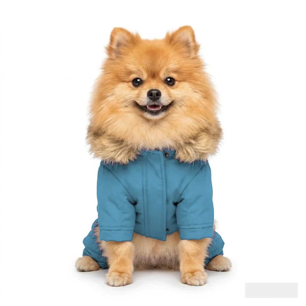 Sky Blue Dog Fur-Collar Quilted Coat worn by a dog — fit reference