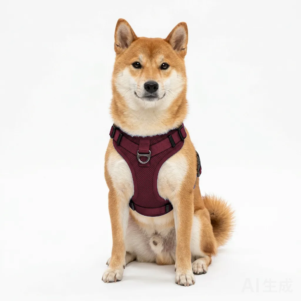 Burgundy Dog Step-In Harness Vest worn by a dog — fit reference