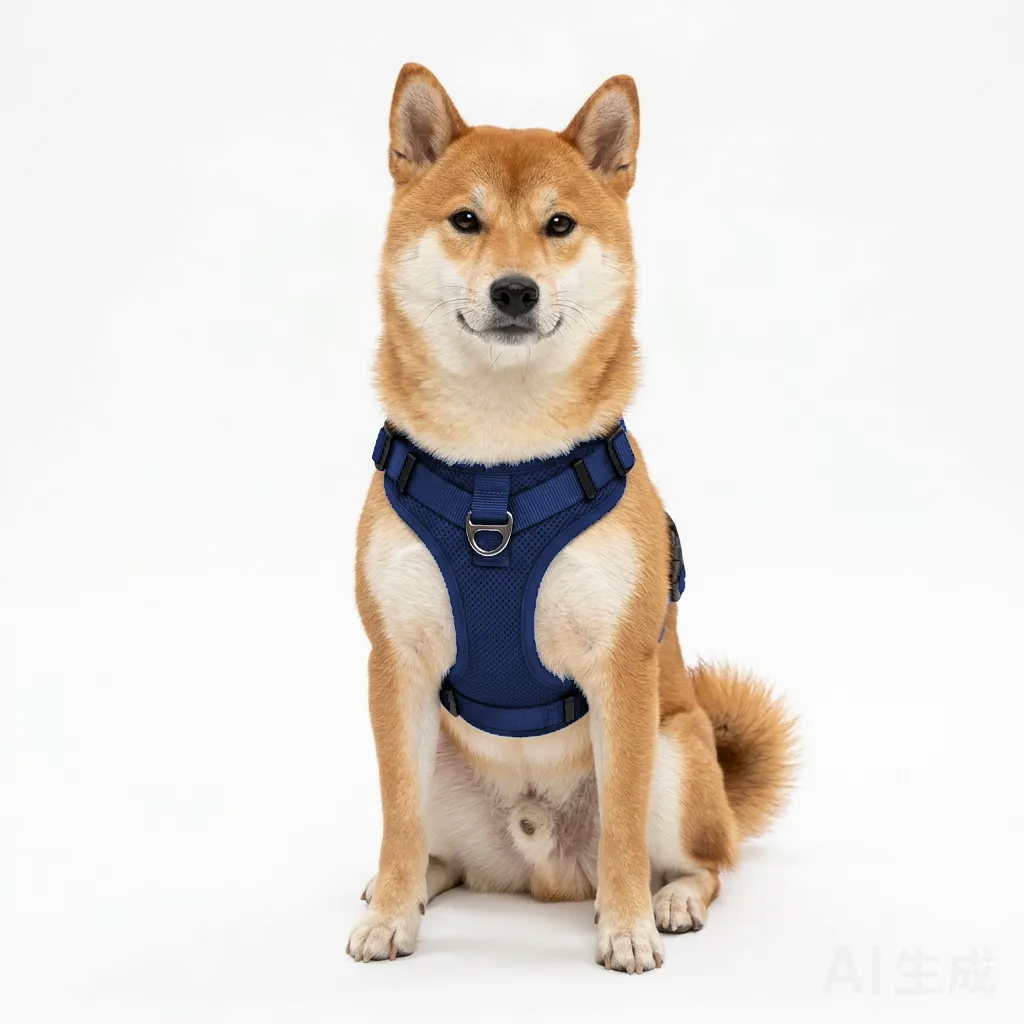 Navy Dog Step-In Harness Vest worn by a dog — fit reference