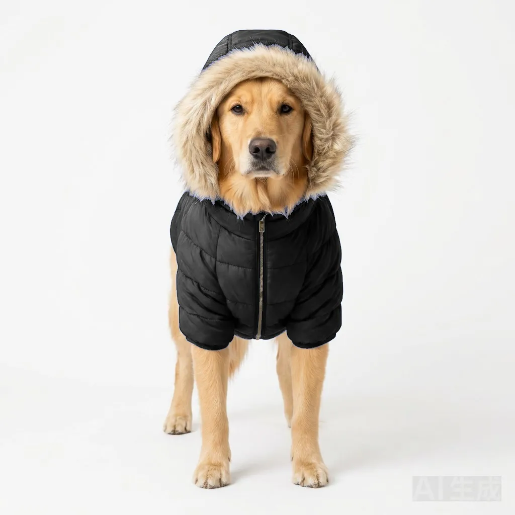 Black Dog Hooded Puffer Parka worn by a dog — fit reference
