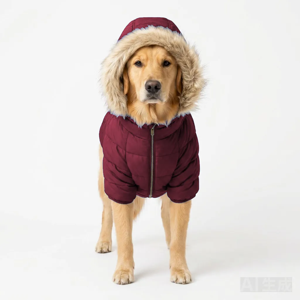Burgundy Dog Hooded Puffer Parka worn by a dog — fit reference