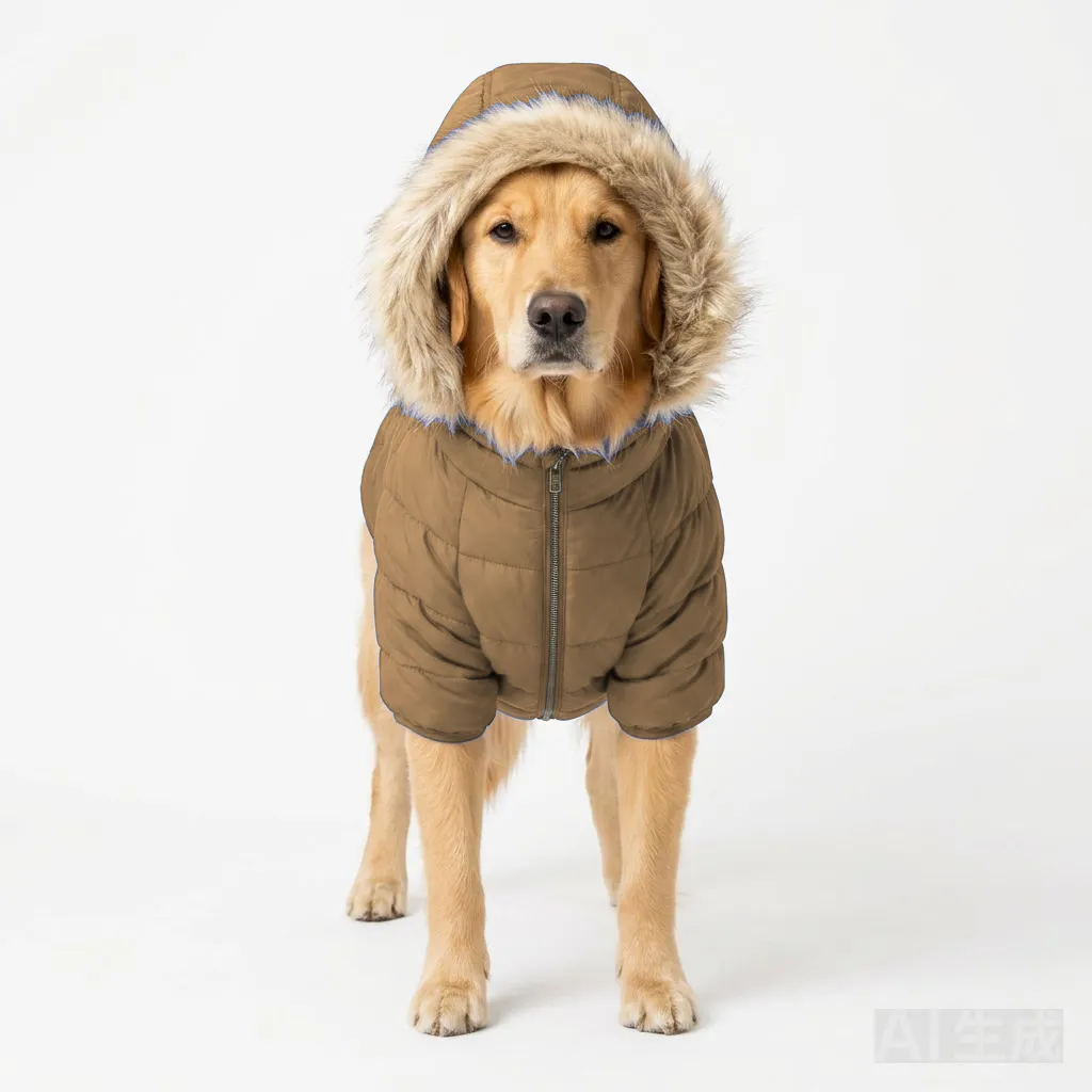 Camel Dog Hooded Puffer Parka worn by a dog — fit reference