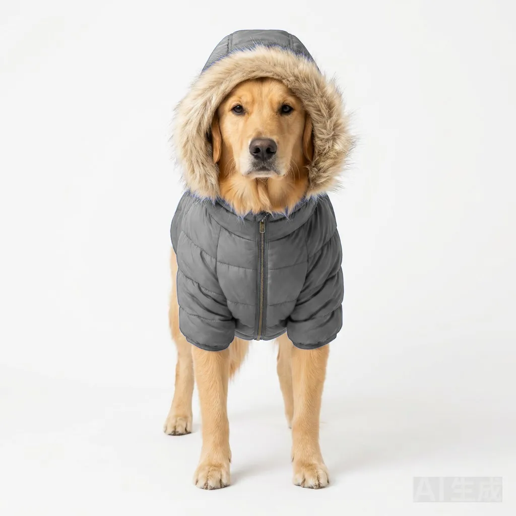 Charcoal Grey Dog Hooded Puffer Parka worn by a dog — fit reference