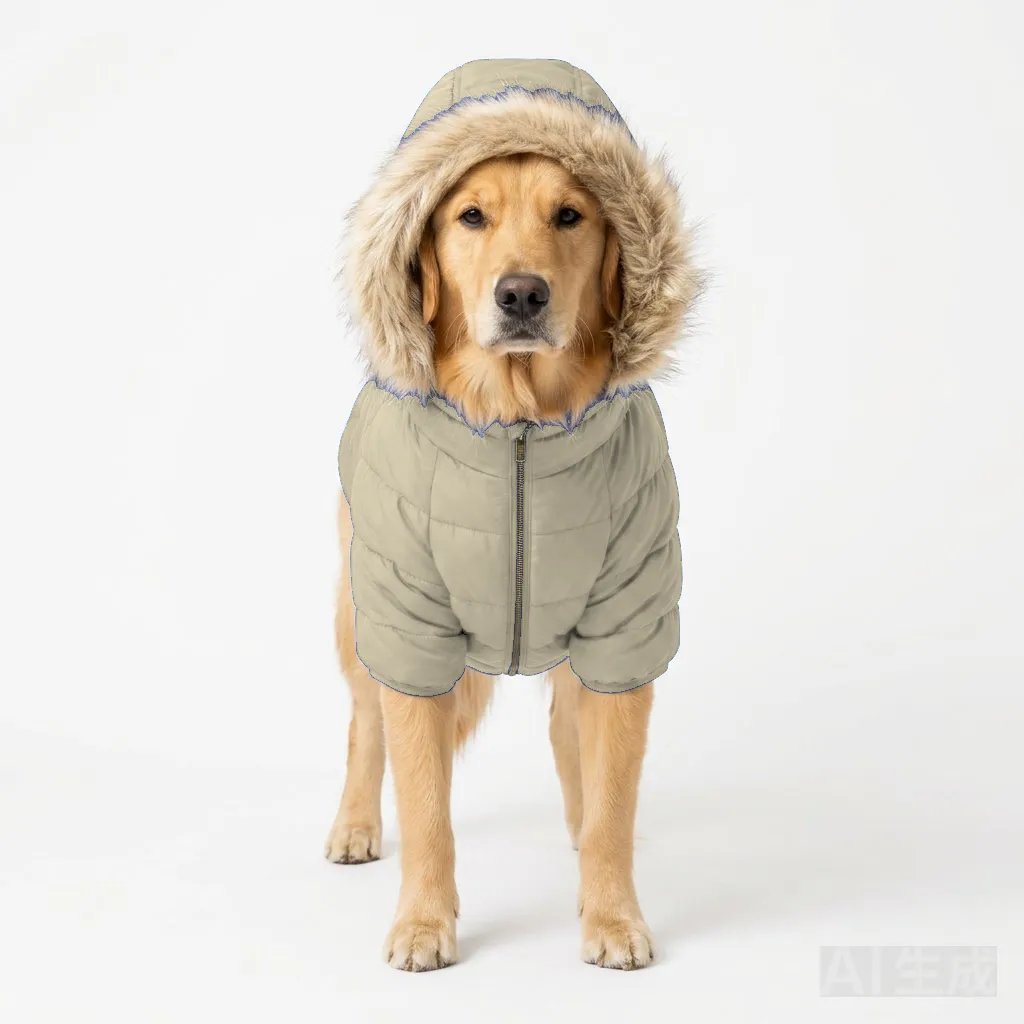 Cream Dog Hooded Puffer Parka worn by a dog — fit reference