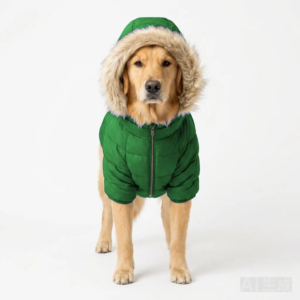 Forest Green Dog Hooded Puffer Parka worn by a dog — fit reference