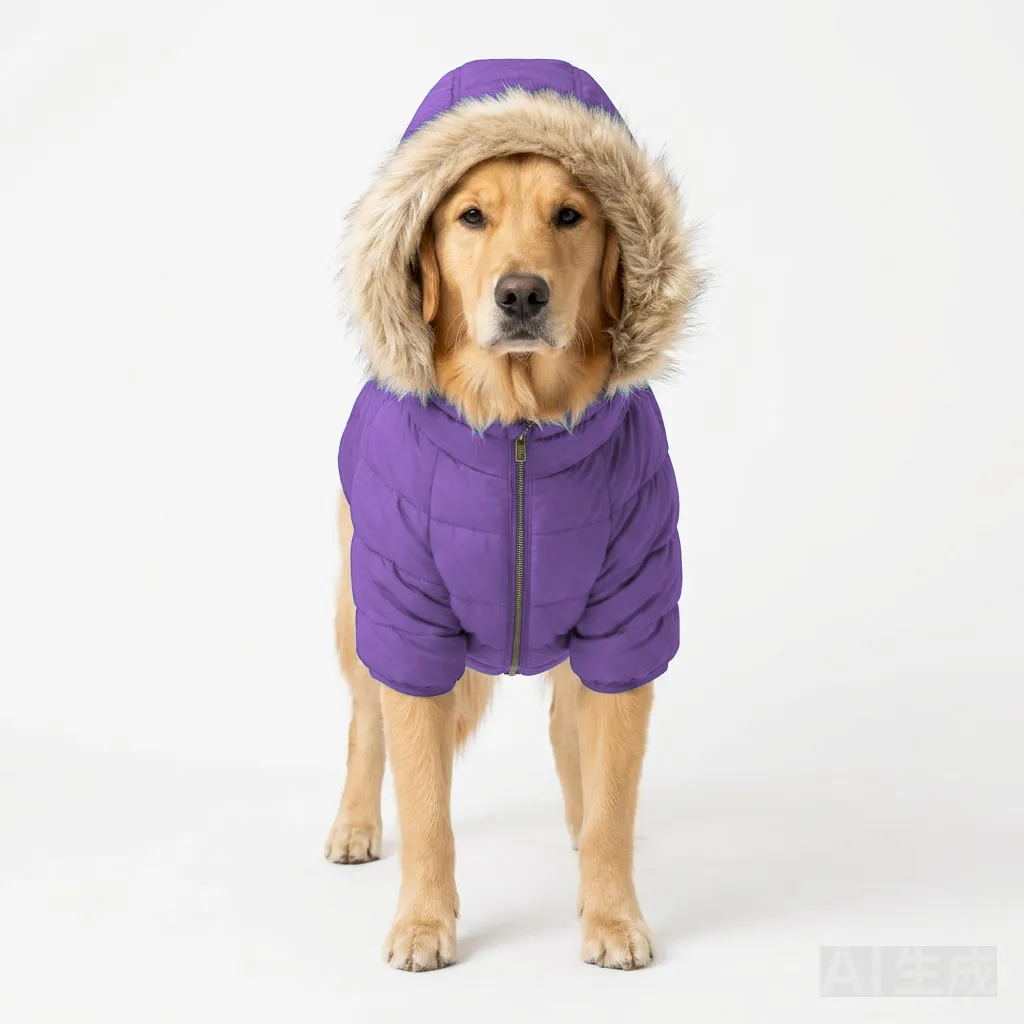 Lavender Dog Hooded Puffer Parka worn by a dog — fit reference