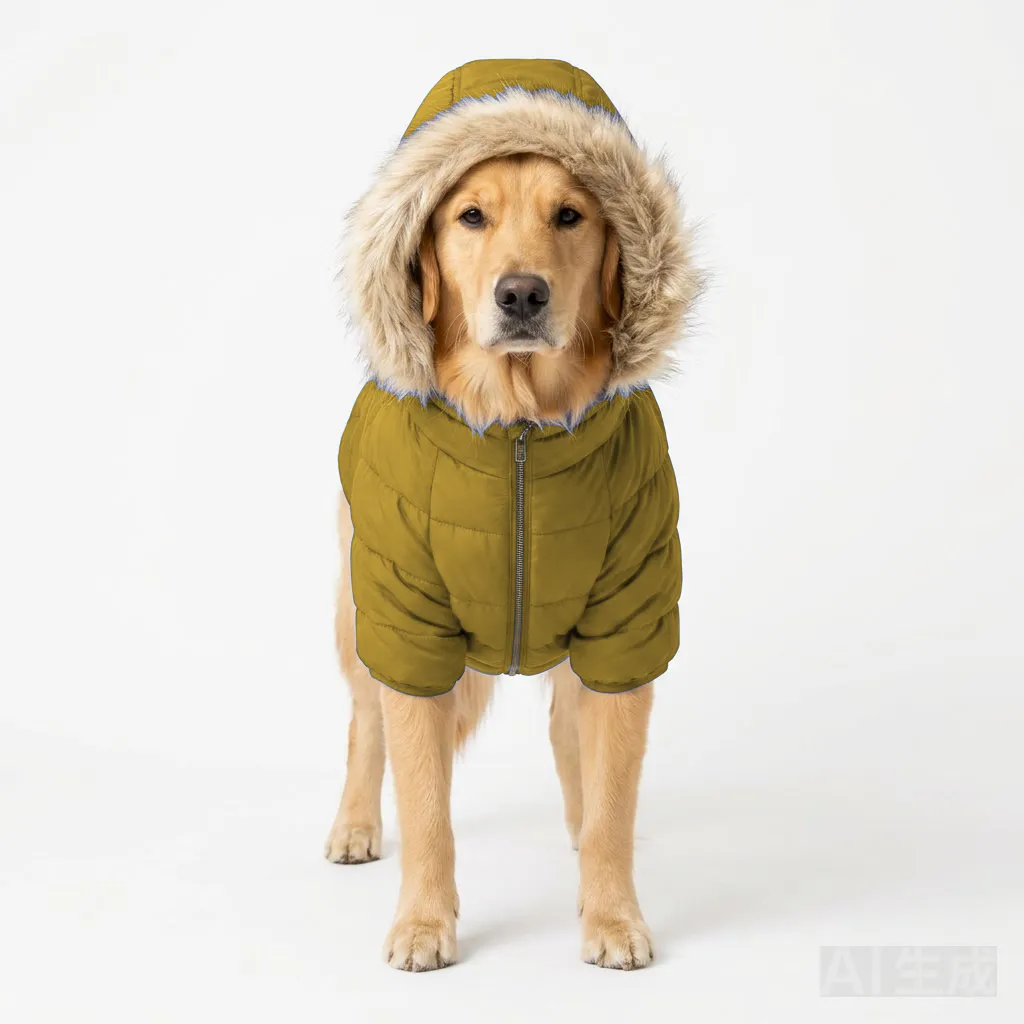 Mustard Dog Hooded Puffer Parka worn by a dog — fit reference